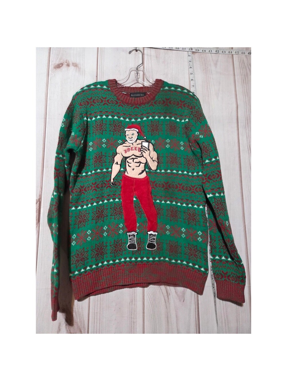 Blizzard Bay Small Green Red Fair Isle Pattern Pullover Sweater with Jolly Santa